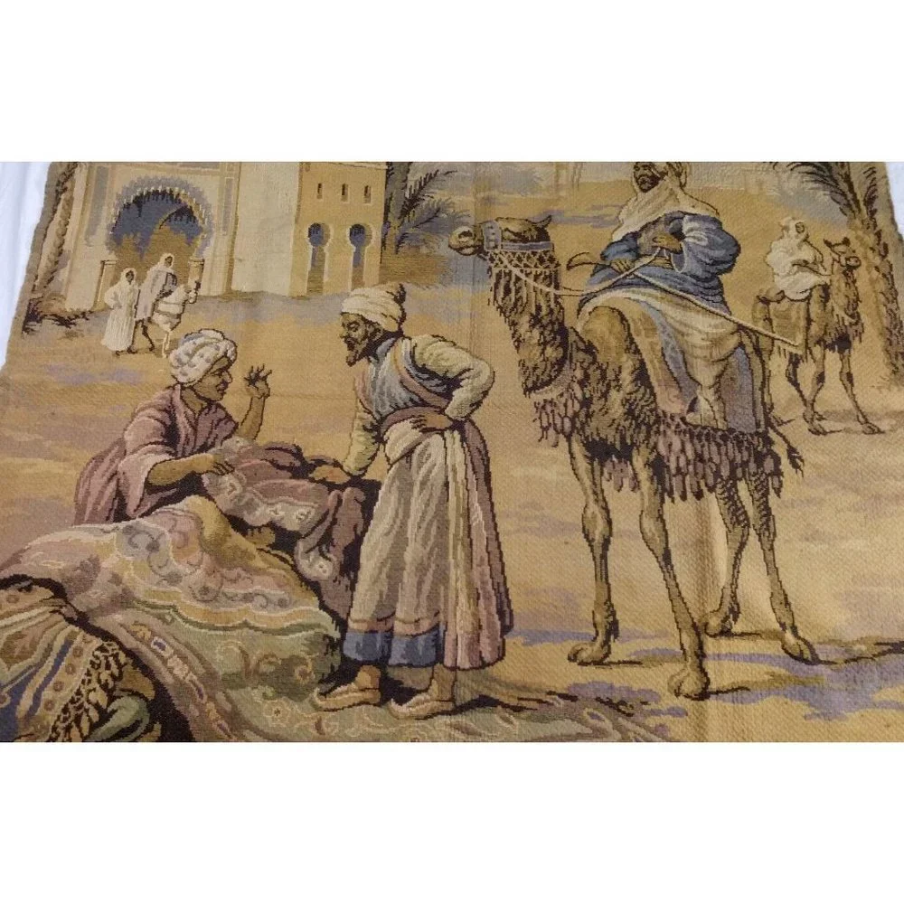 Antique Egyptian Revival Hand Woven Tapestry Middle Eastern Scene 48